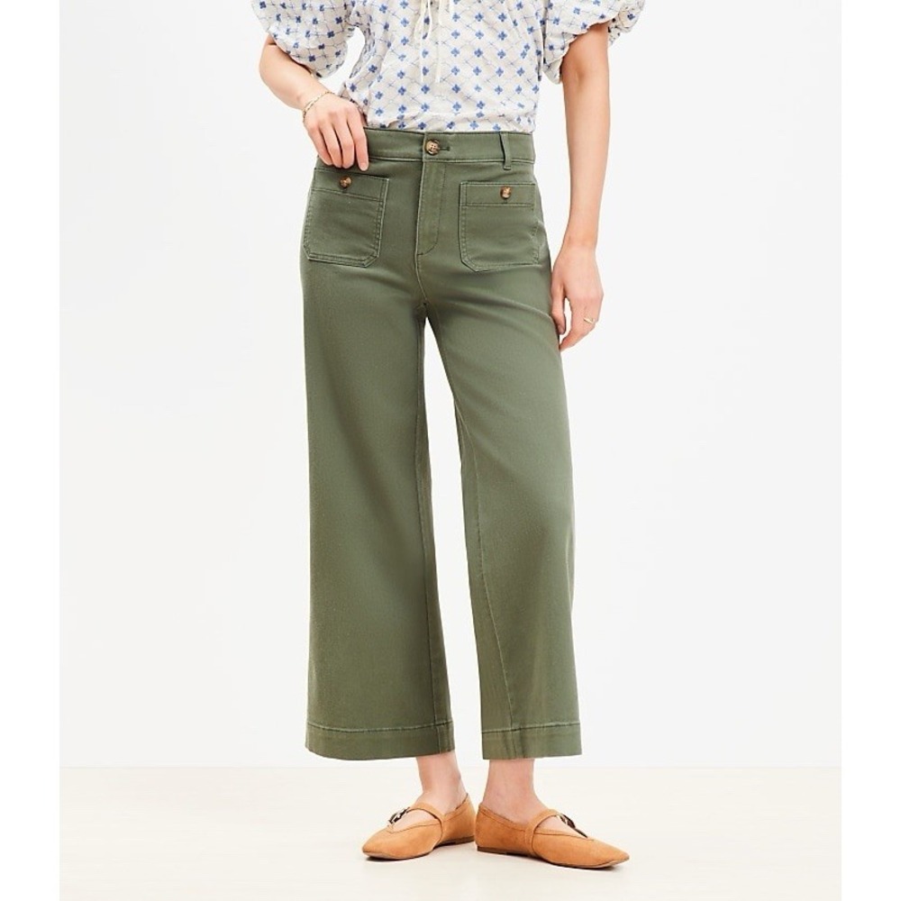 Loft Palmer Wide Leg Pants 8P Patch Front Pocket Office Work Trouser Olive Green